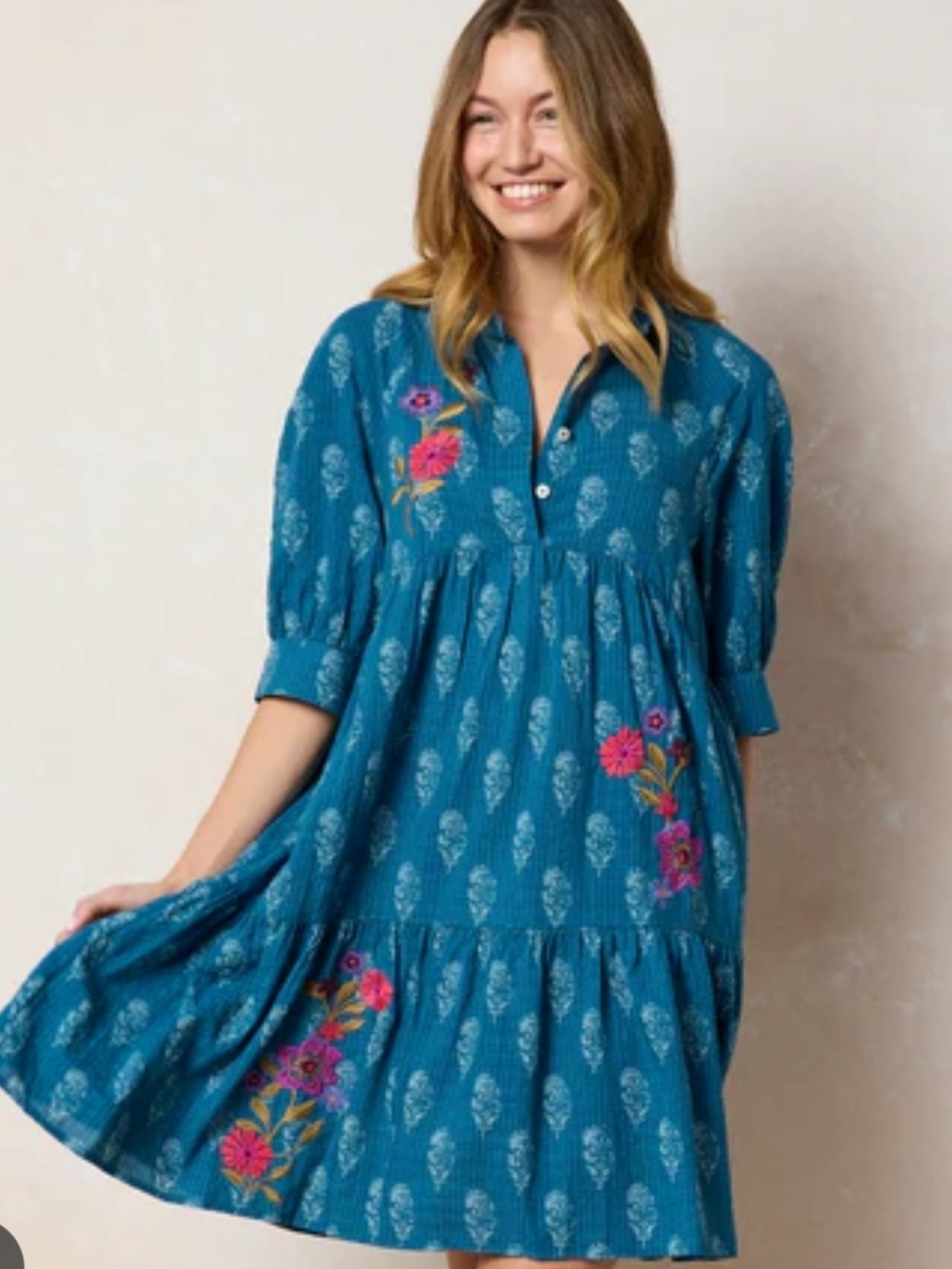 NATURAL LIFE Teal Blue Floral Embroidered Babydoll Dress